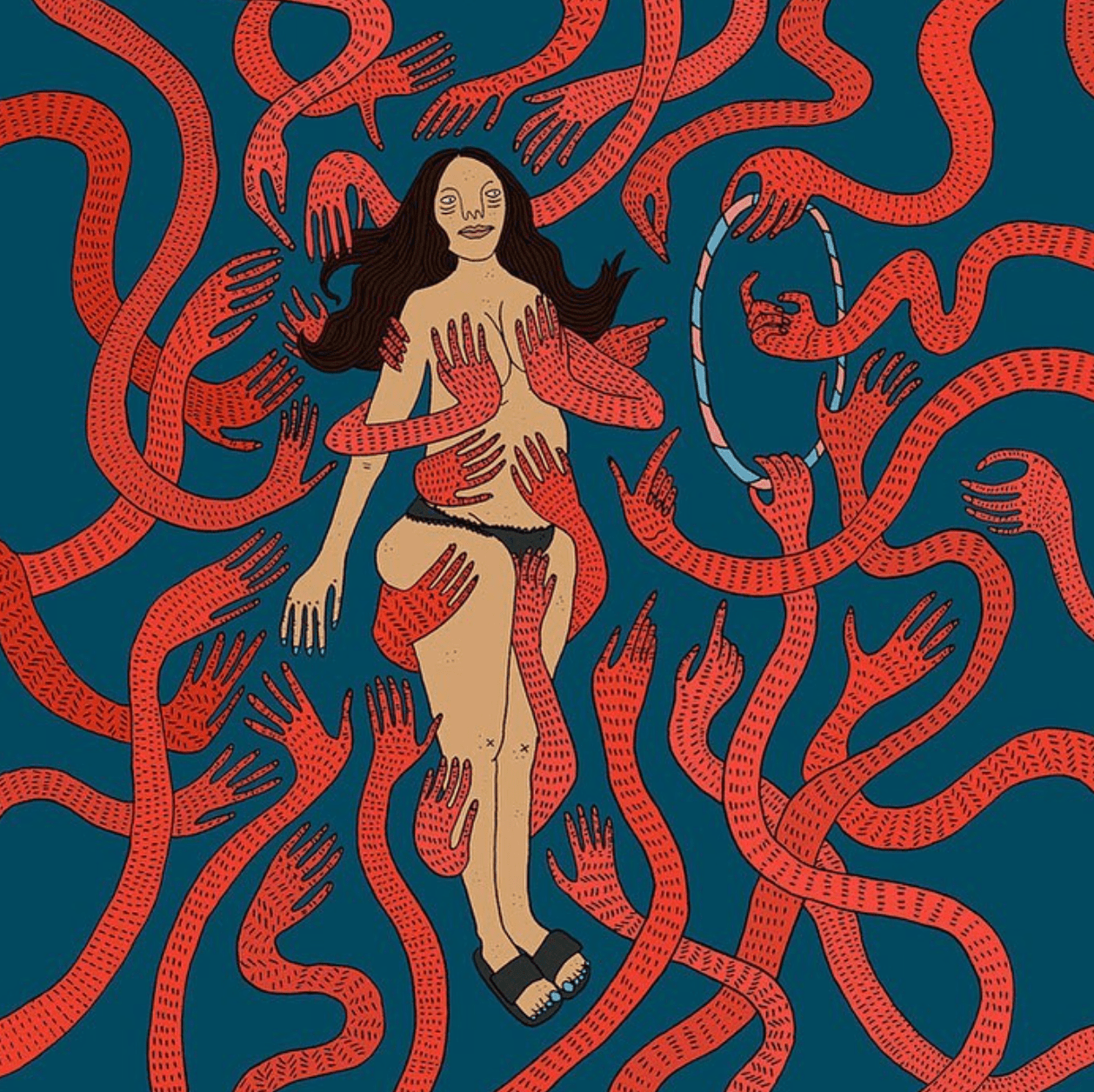 An illustration of a woman being surrounded by long red arms