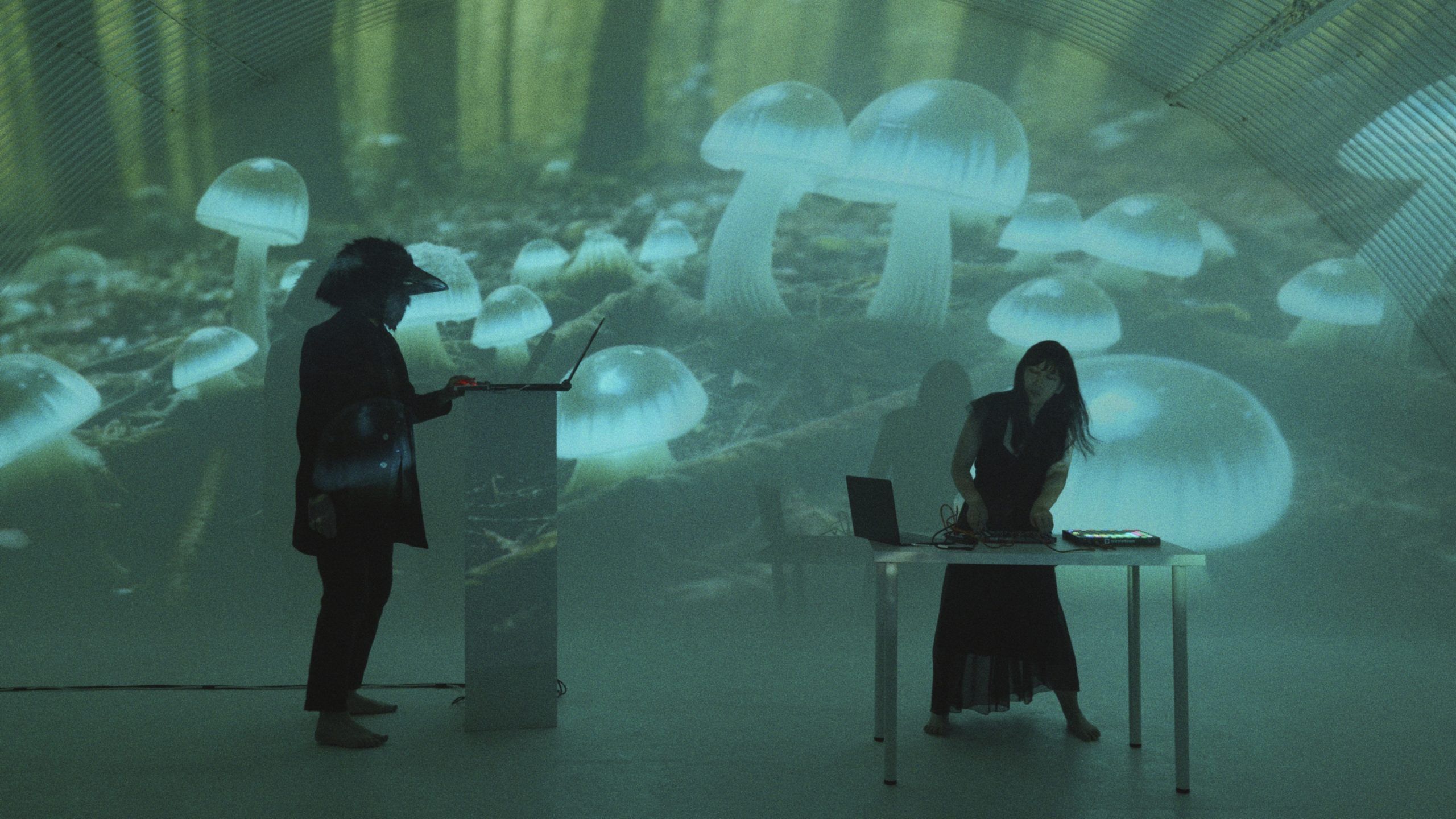 Two people performing with abstract visuals behind them