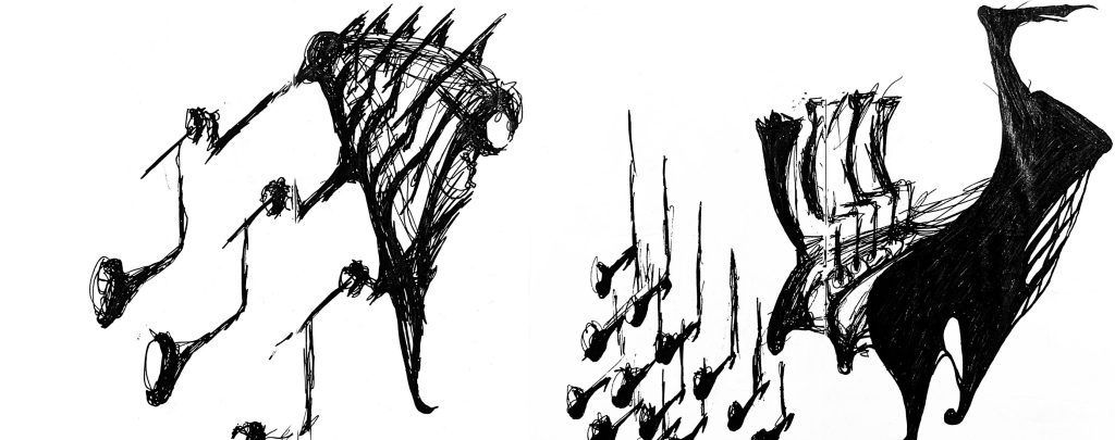 Two abstract black drawings. 